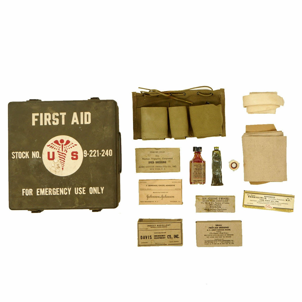 Original U.S. Korean War Half-Track and Armored Vehicle 24 Piece First Aid Kit Stock No. 9-221-240 Original Items