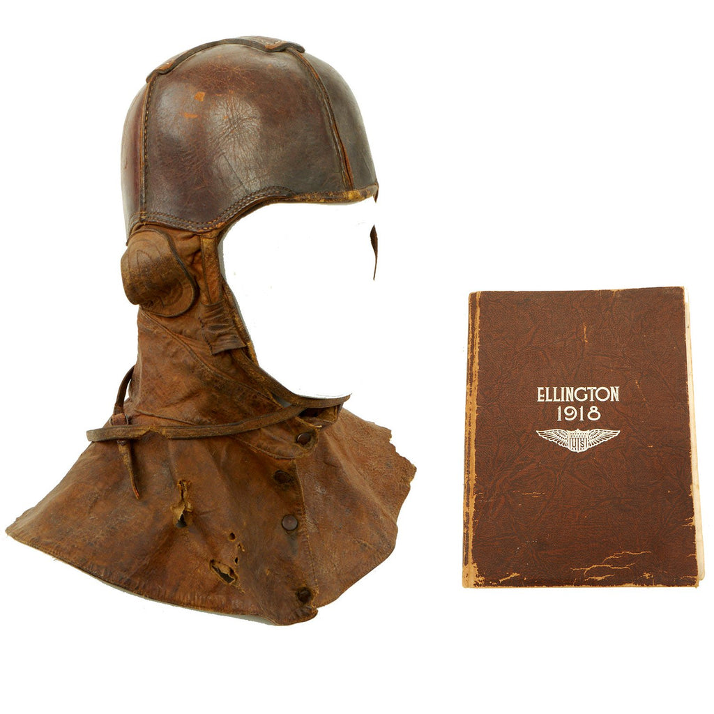 Original U.S. WWI Aero Squadron Stiff Leather Flying Helmet by Spalding witk Ellington Field 1918 Year Book Original Items