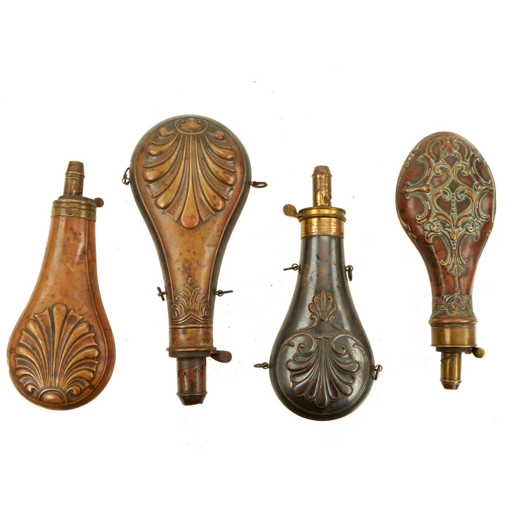 Original Set of 4 British 18th - 19th Century Copper & Brass Powder Flasks - circa 1780 - 1850 Original Items