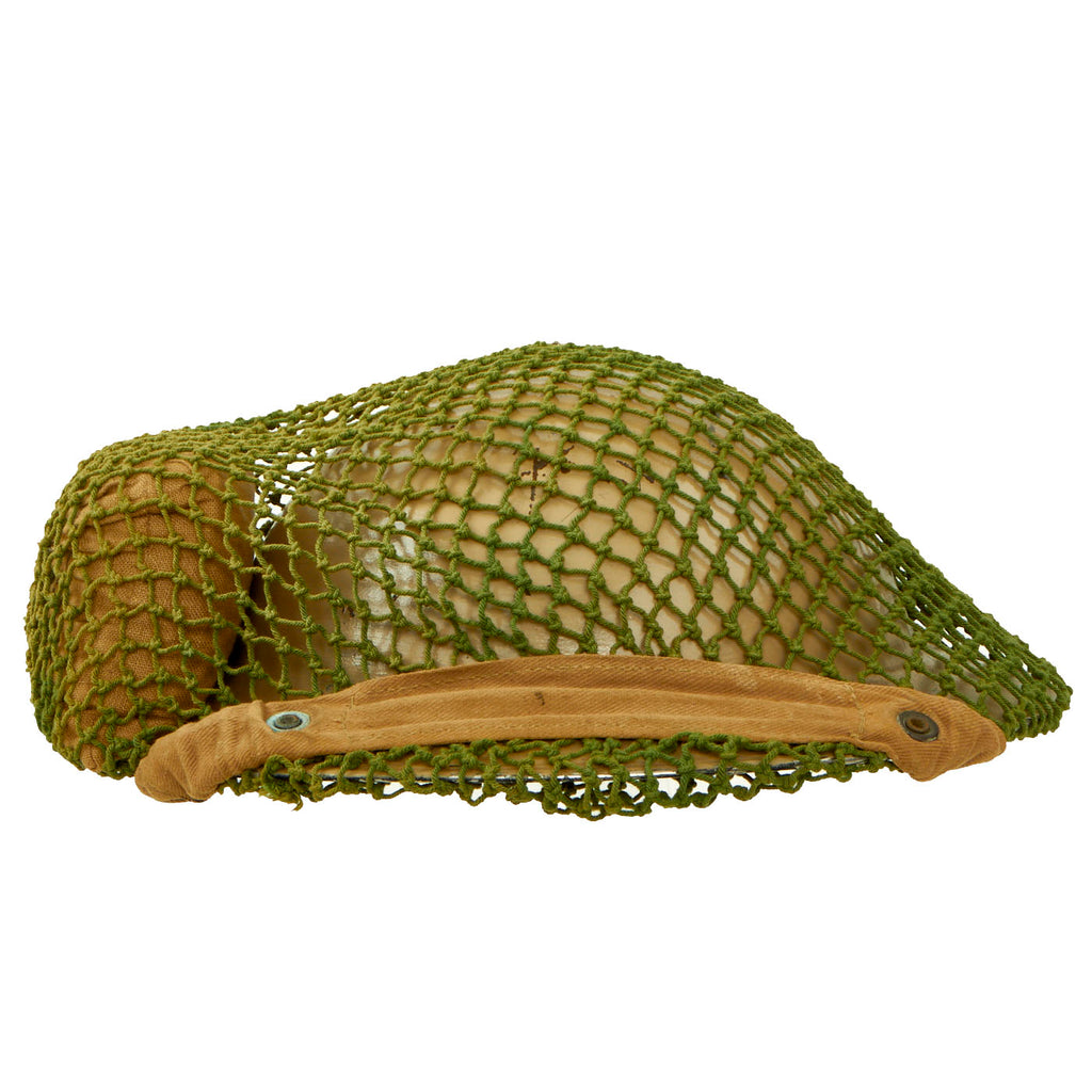 Original British WWII Desert Camouflage Painted MkII Brodie Steel Helmet with Dual Color Helmet Net and Australian Shell Dressing - Dated 1940 Original Items