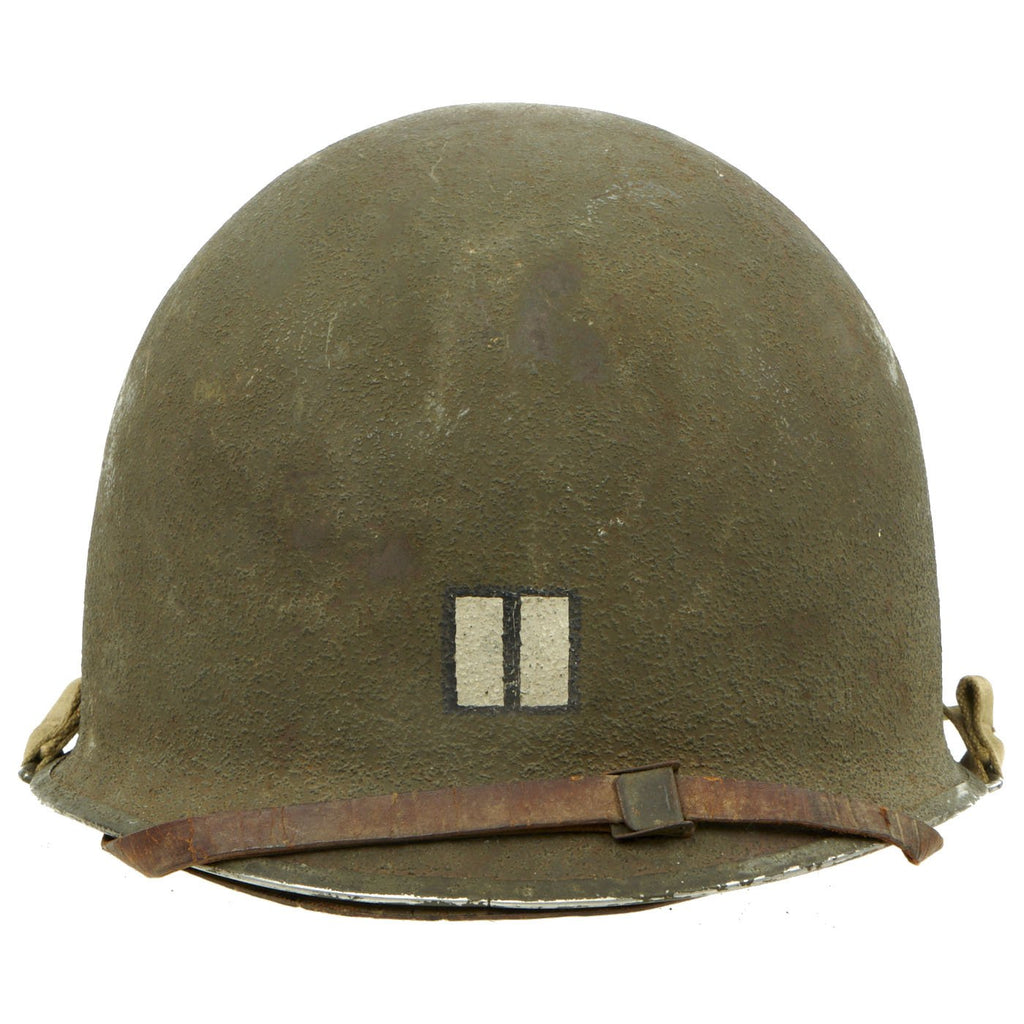 Original U.S. WWII 1944 Captain's M1 Schlueter Swivel Bale Front Seam Helmet with Matching Firestone Liner Original Items
