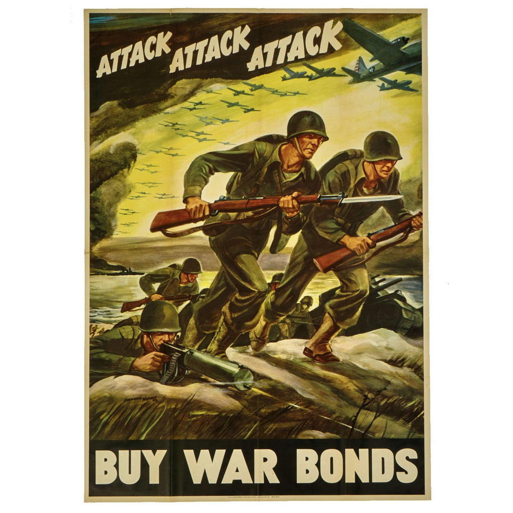 Original WWII U.S. Government Printing Office Propaganda Large Poster - Attack Attack Attack War Bonds Original Items