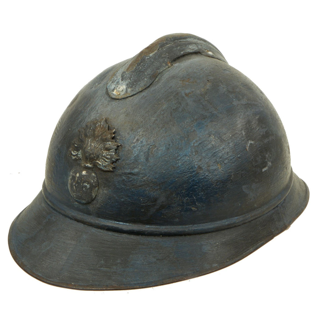 Original French WWI Early Issue Model 1915 Adrian Helmet in Horizon Blue with RF Badge Original Items