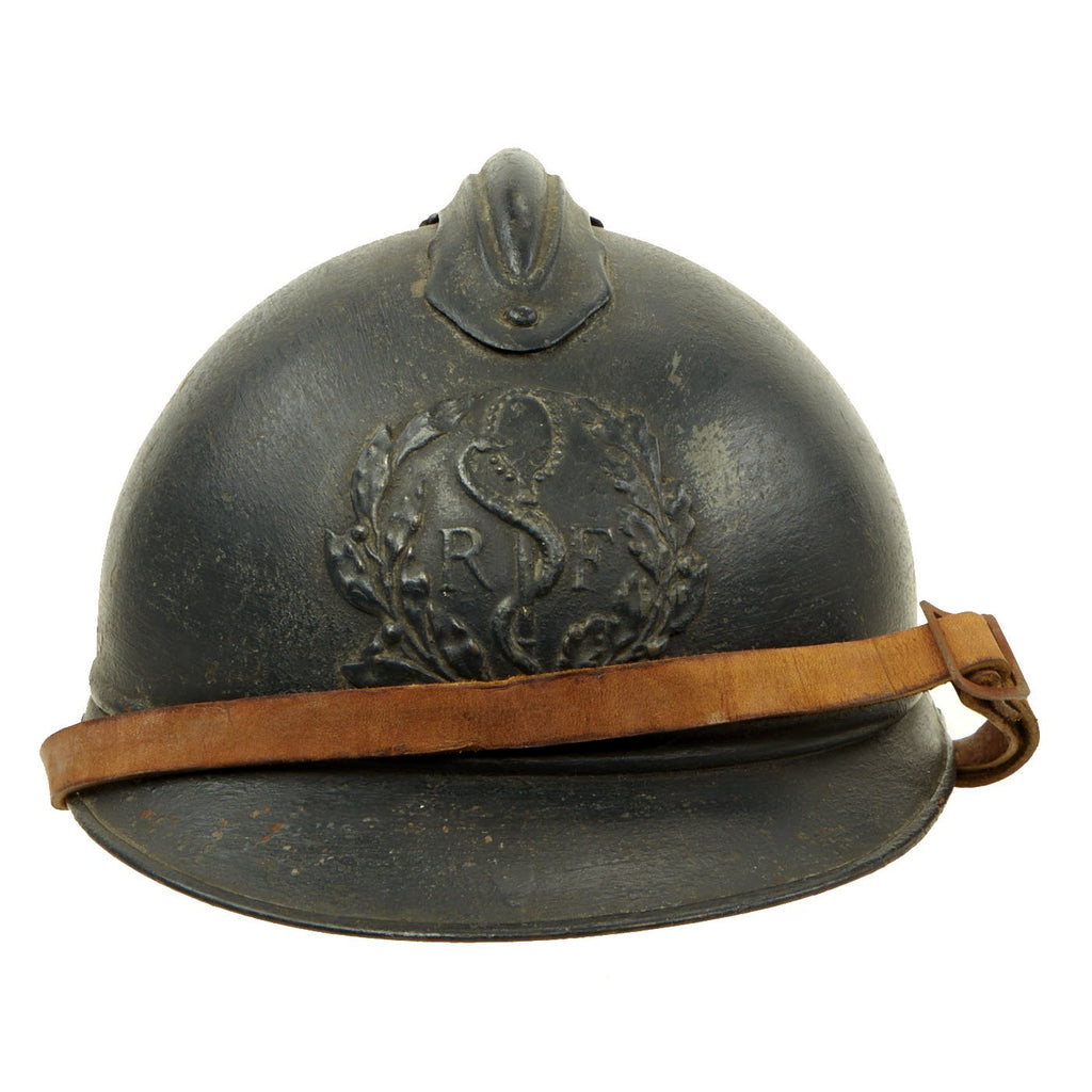 Original French WWI Model 1915 Adrian Helmet with RF Field Medical Personnel Badge - Horizon Blue Original Items