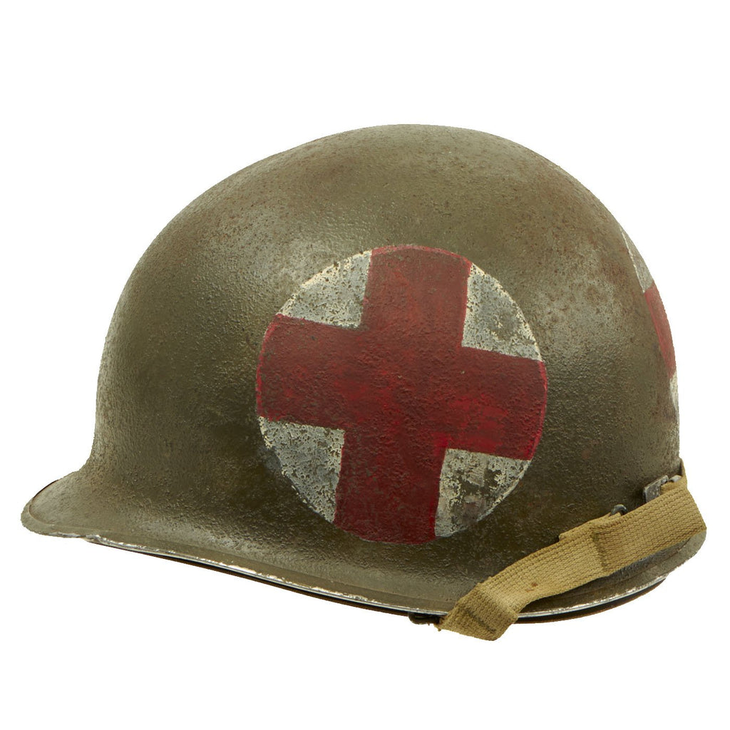 Original U.S. WWII Medic 1941 M1 McCord Front Seam Fixed Bale Helmet with Firestone Liner Original Items