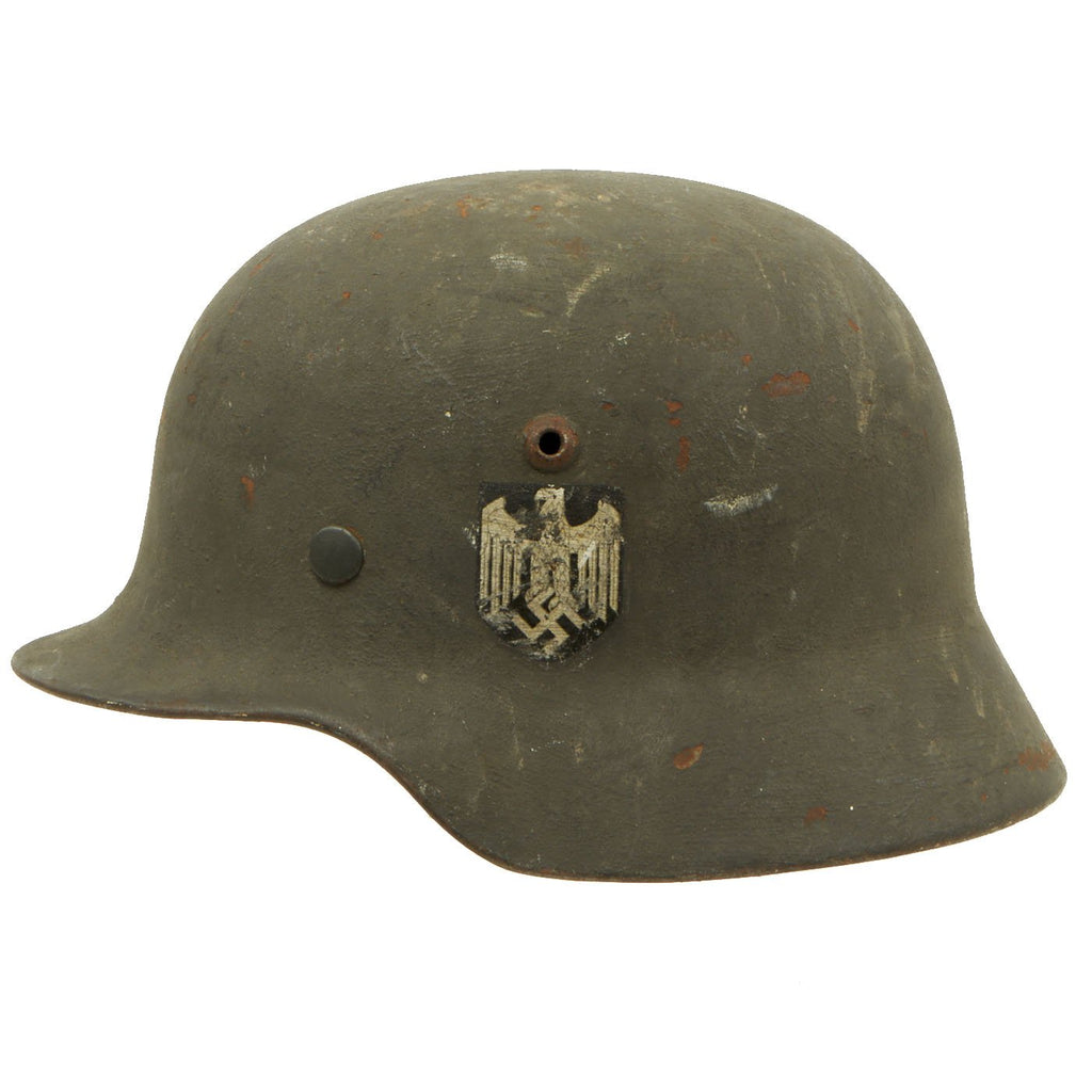 Original German WWII Unit Marked Army Heer M35 Single Decal Overpaint Helmet with 1936 dated 53cm Liner - SE60 Original Items