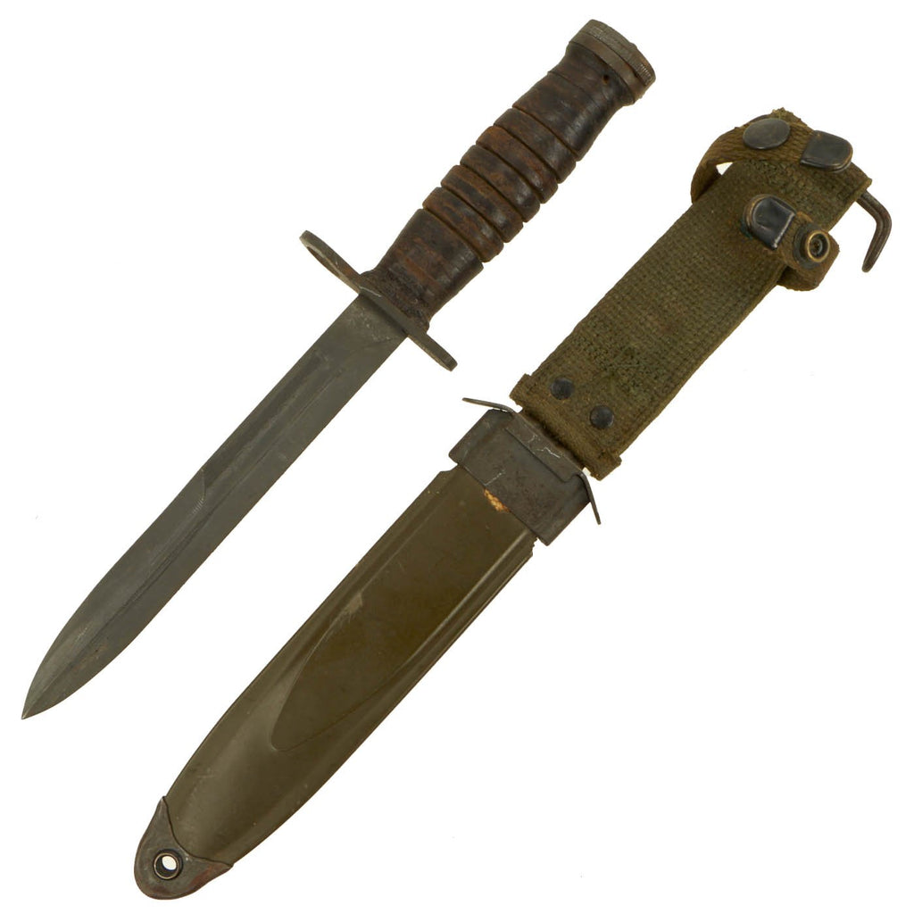 Original U.S. WWII M4 Bayonet by Utica Cutlery for the M1 Carbine with Vietnam Era M8A1 Scabbard Original Items