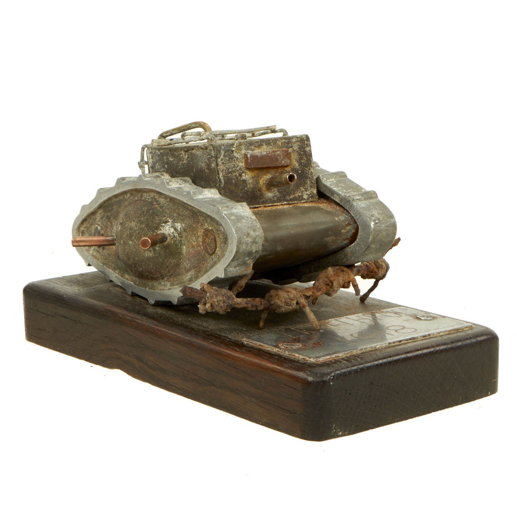 Original British WWI Trench Art Mk V Tank Model with Inscribed Ol’Faithful 1918 Plaque Original Items