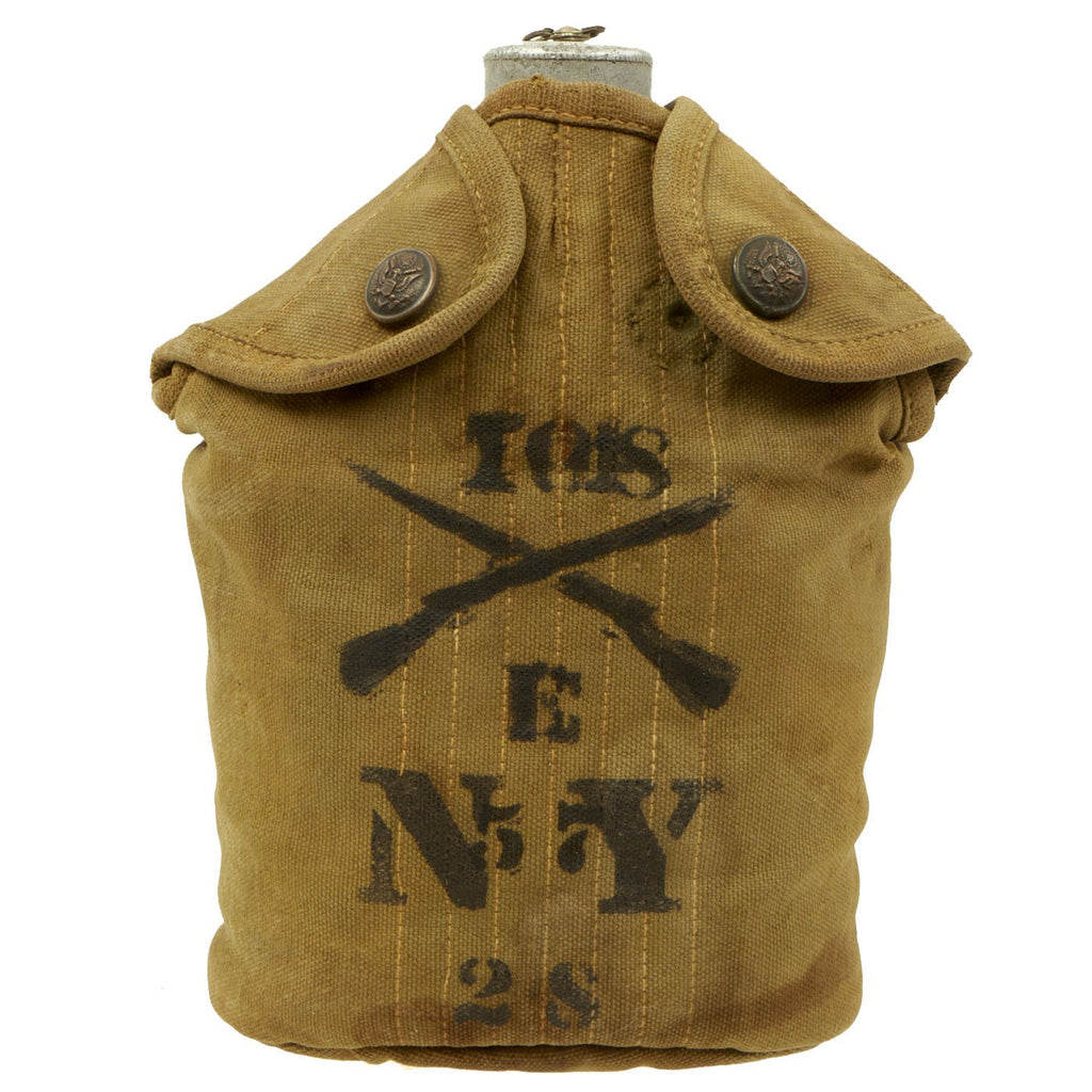 Original U.S. Early WWI “Spun” M1910 Canteen in “Eagle Snap” Cover by RIA dated 1915 - Marked to 108th N.Y. Infantry Original Items