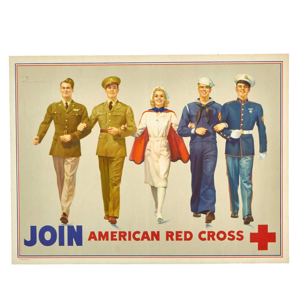 Original Outstanding Condition WWII U.S. Rigid Poster “Join The Red Cross” by Artist R.C. Kauffmann - 20" x 15" Original Items