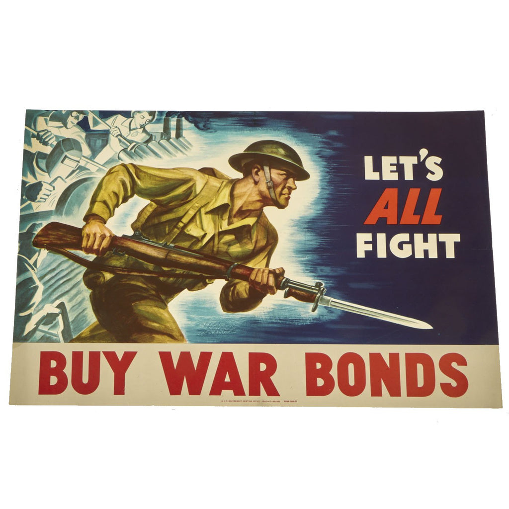 Original U.S. WWII 1942 Government Printing Office Propaganda Poster - Let’s All Fight, Buy War Bonds Original Items