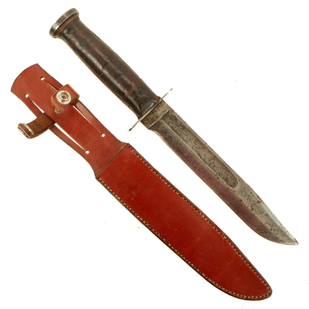 Original WWII Western G-46-8 Fighting Knife with Post War Leather Scabbard Original Items