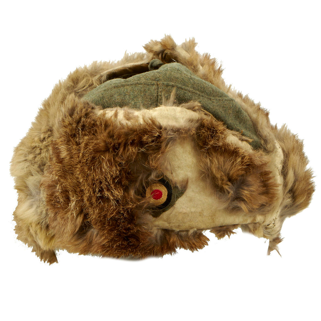 Original German WWII Eastern Front White Rabbit Fur Winter Hat with Maker Markings - Winterfellmütze size 55 Original Items