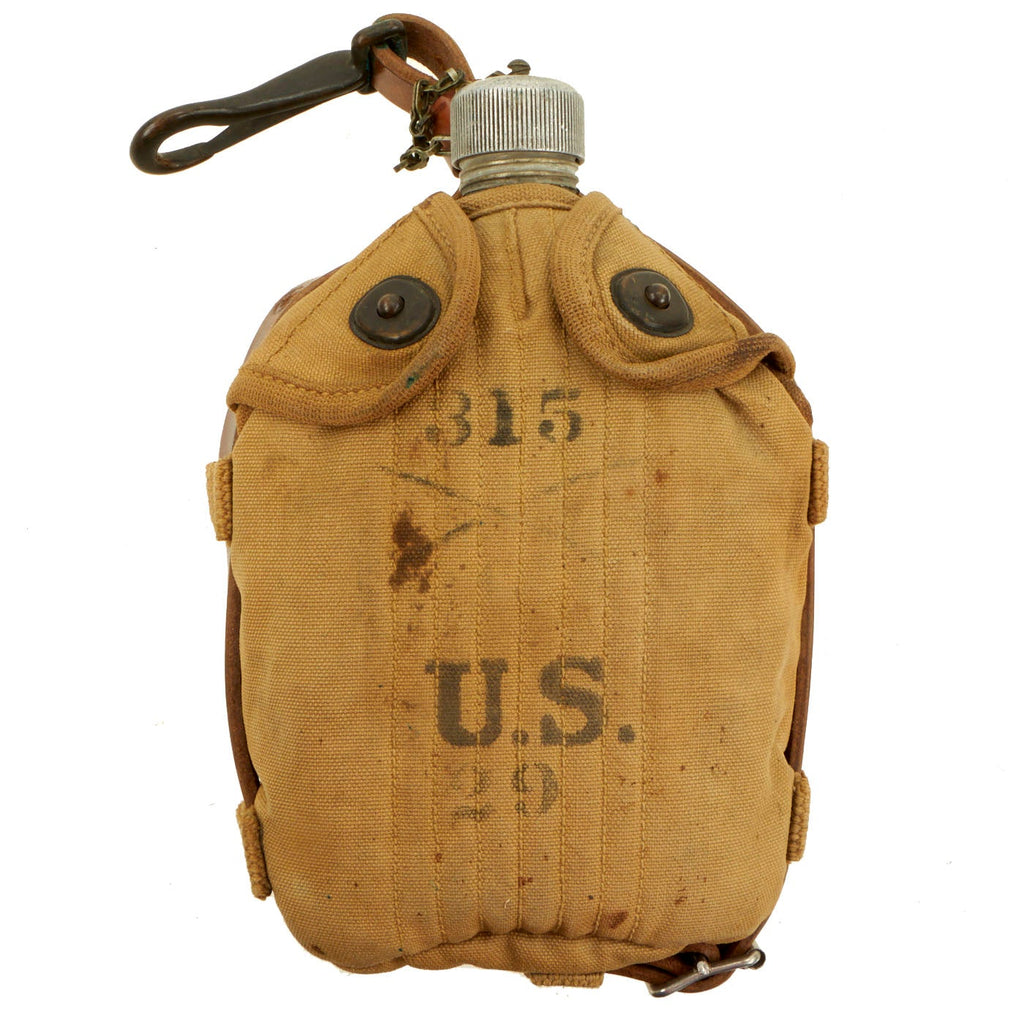 Original U.S. WWI M1910 Mounted Cavalry Canteen by US A.G.M. Co in Carrier by LONG - dated 1918 & 1917 - Unit Marked Original Items