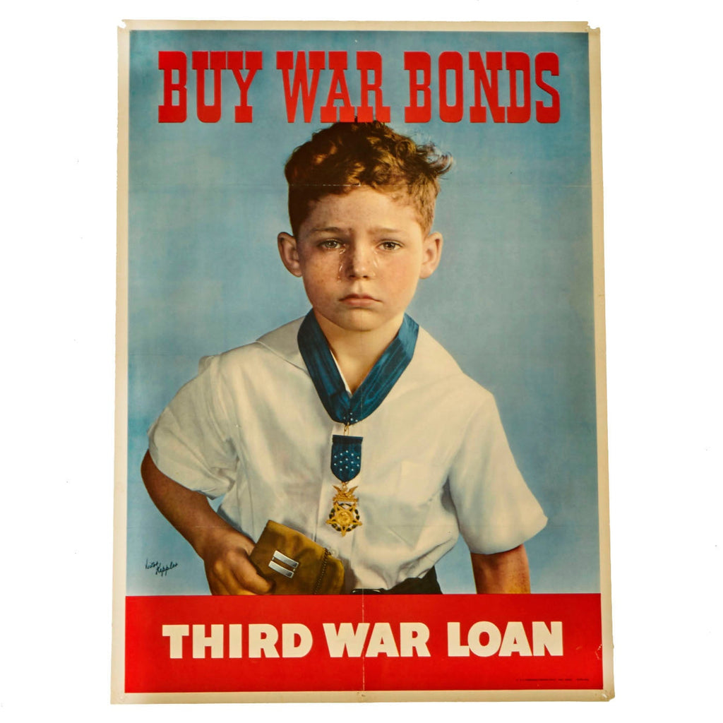 Original U.S. WWII Buy War Bonds Poster - Third War Loan - Boy with Father's Medal of Honor Original Items