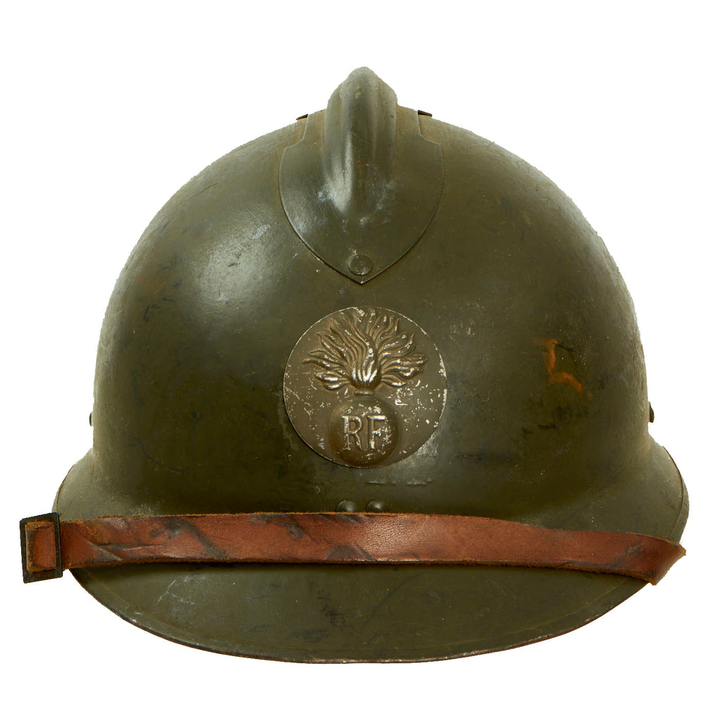 Original WWII French Model 1926 Adrian Infantry Helmet with Liner & Chinstrap - Olive Green Original Items