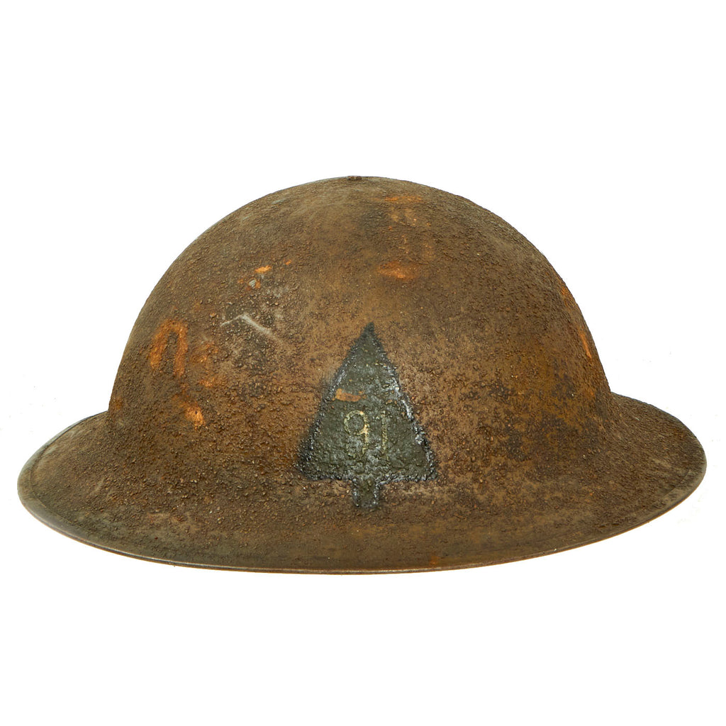 Original U.S. WWI M1917 91st Infantry Division Doughboy Helmet With Textured Paint - Wild West Division Original Items