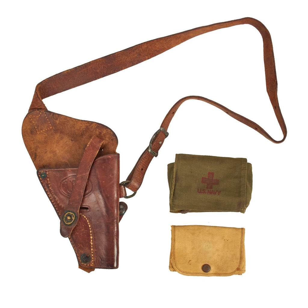 Original WWII U.S. Navy .38 Victory Revolver Rig: USN Marked Shoulder Holster, Navy Property Marked Cartridge Pouch, & Navy Aviator First Aid Kit Original Items