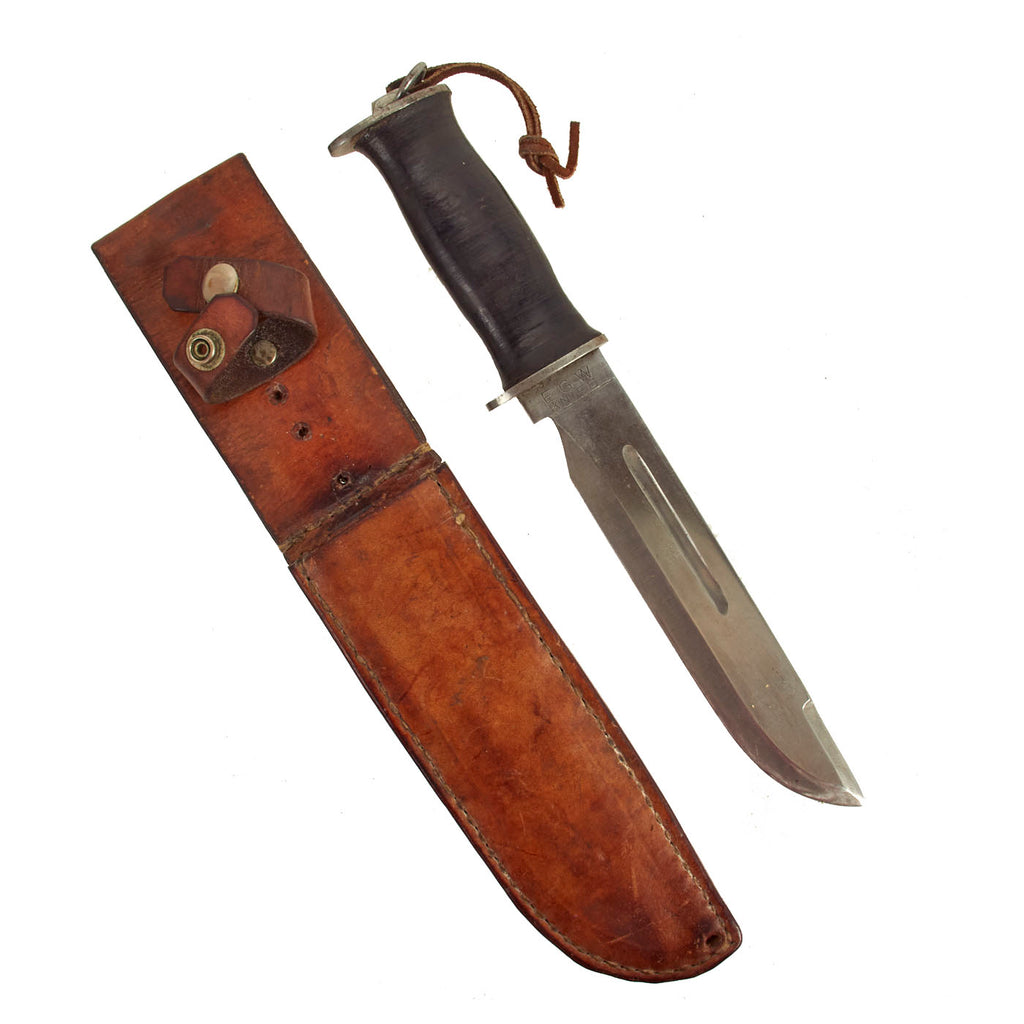Original U.S. WWII Large EG Waterman E.G.W. Leather Grip Fighting Knife with Scabbard Original Items