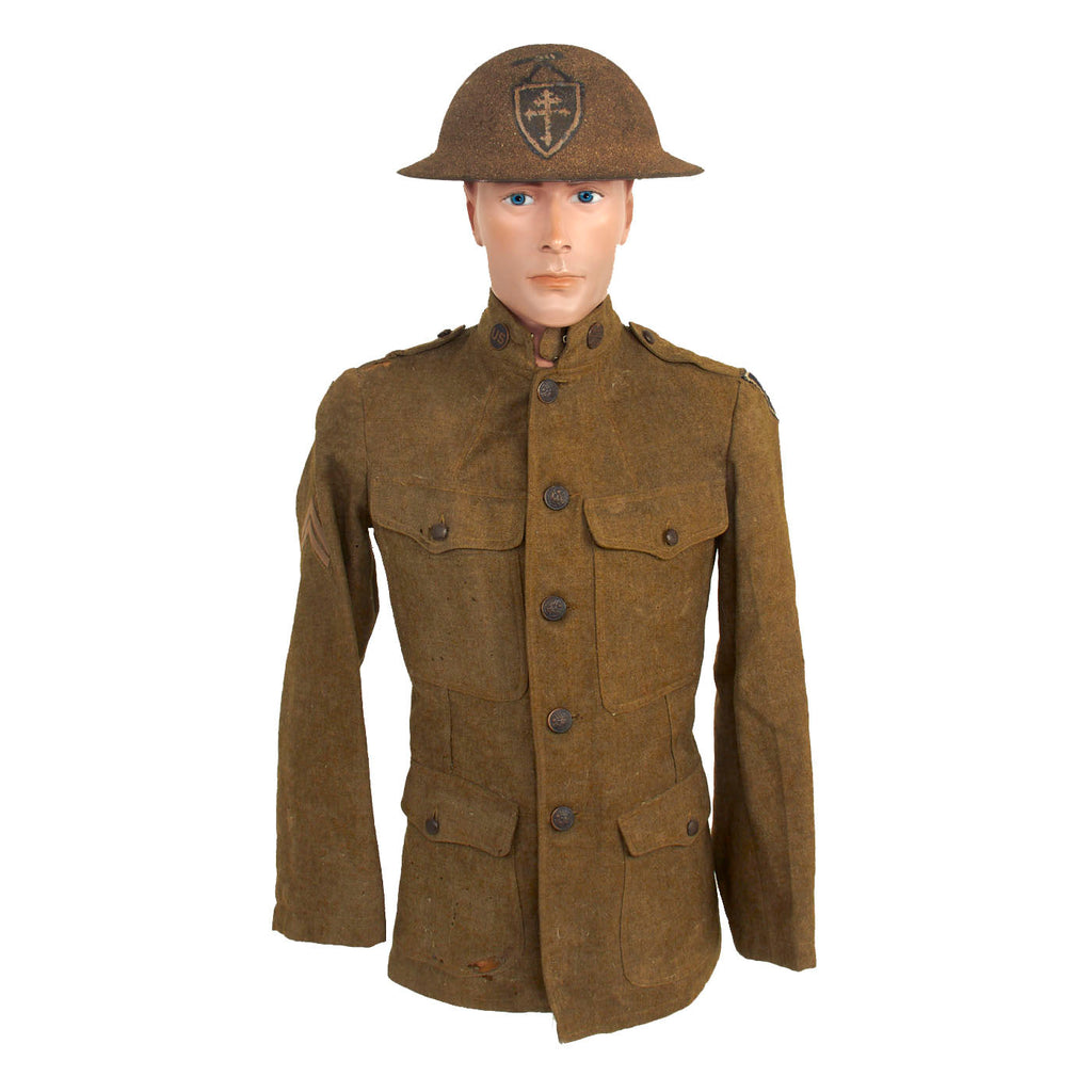 Original U.S. WWI 311th Machine Gun Battalion 79th Division Helmet and Uniform Set Original Items