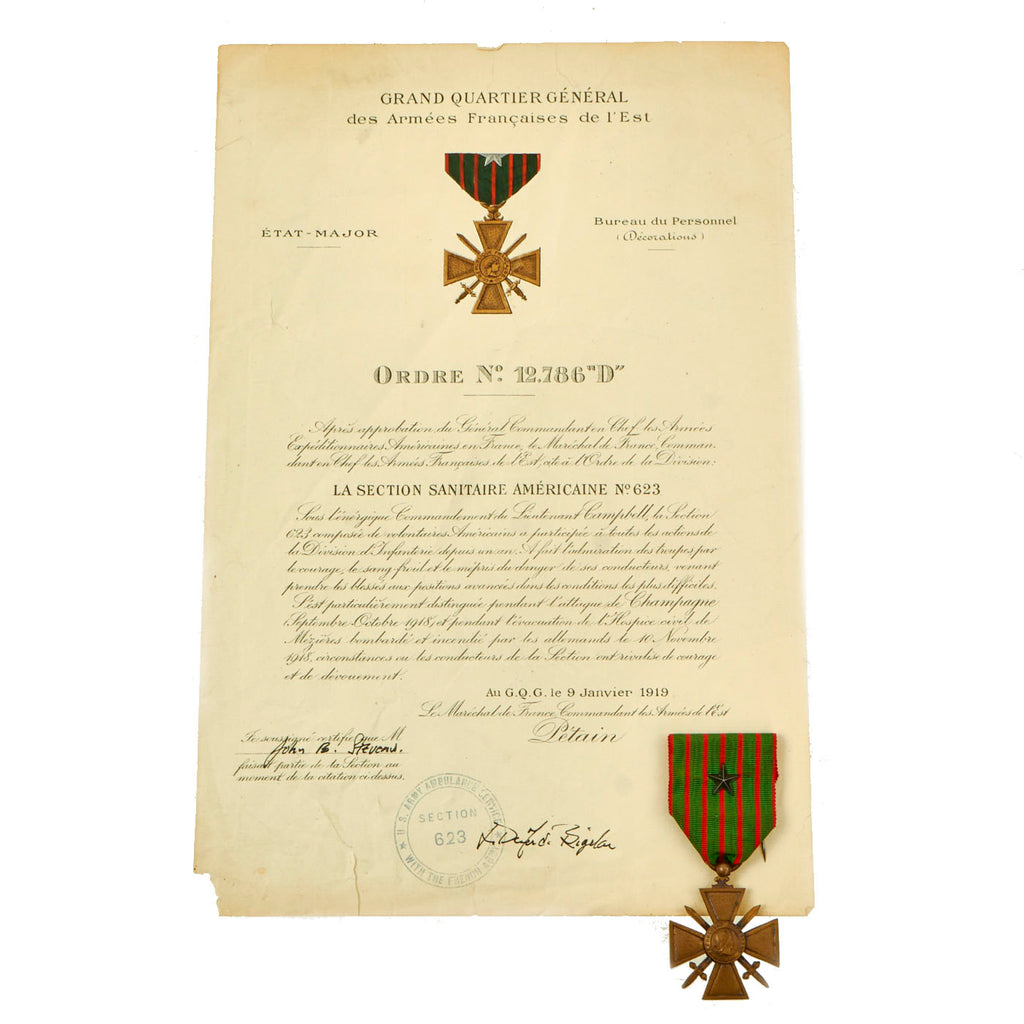 Original U.S. WWI French Army Volunteer Ambulance Services Sanitary Section 623 (Section 65) Croix de Guerre with Citation Original Items