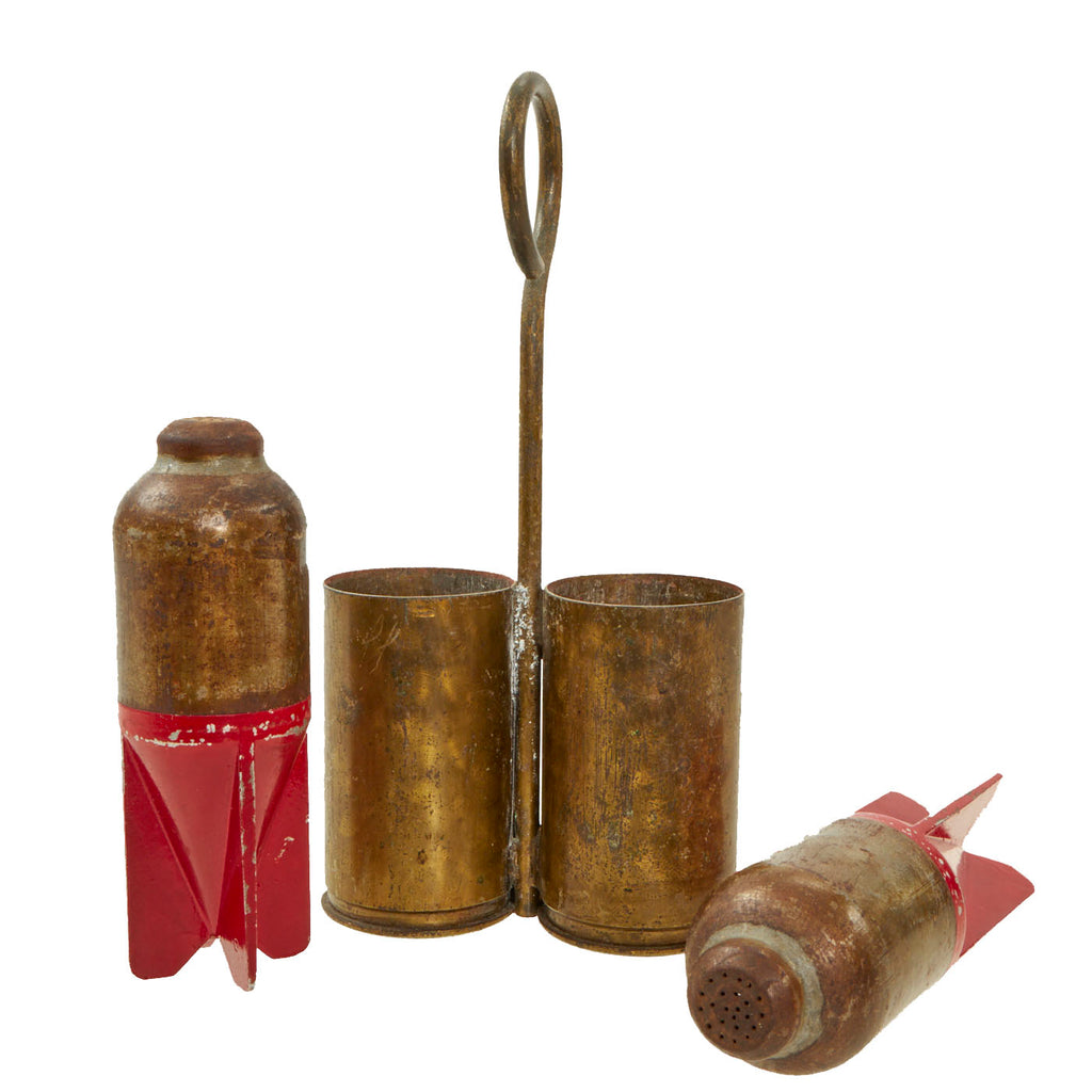 Original Italian WWII "Red Devil" 45mm Brixia Model 35 Mortar Bombs Salt & Pepper Shaker Trench Art With Carrier - dated 1939 - Inert Original Items