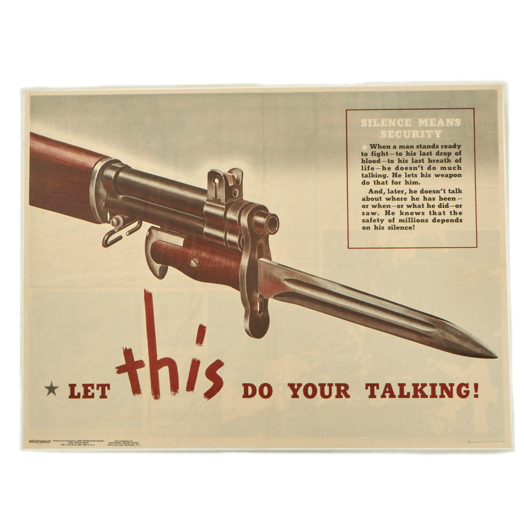 Original U.S. WWII National Security Poster “Let THIS Do Your Talking” M-1 Rifle Bayonet - News Map 23 ½” x 17 ½” Original Items