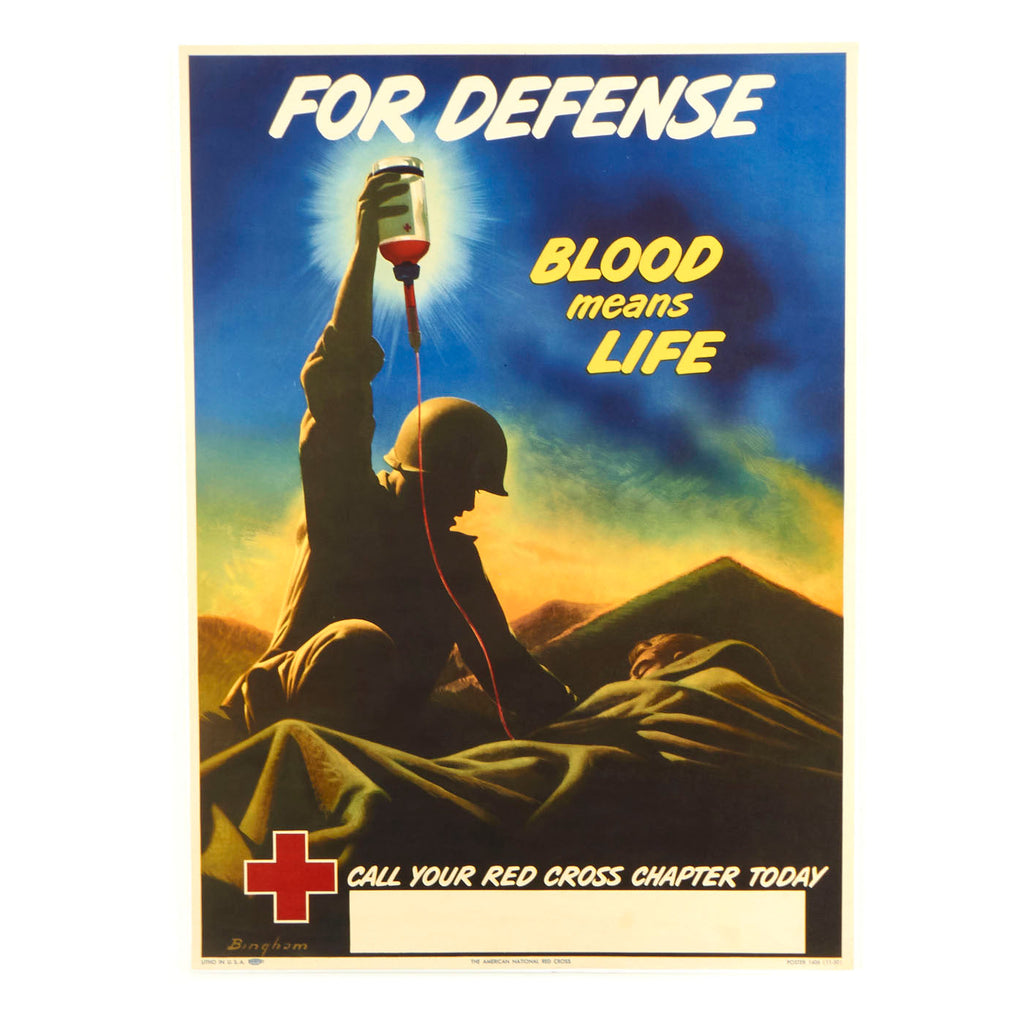 Original U.S. WWII Red Cross Blood Donation Propaganda Poster - “For Defense, Blood Means Life” - 16” x 22” Original Items