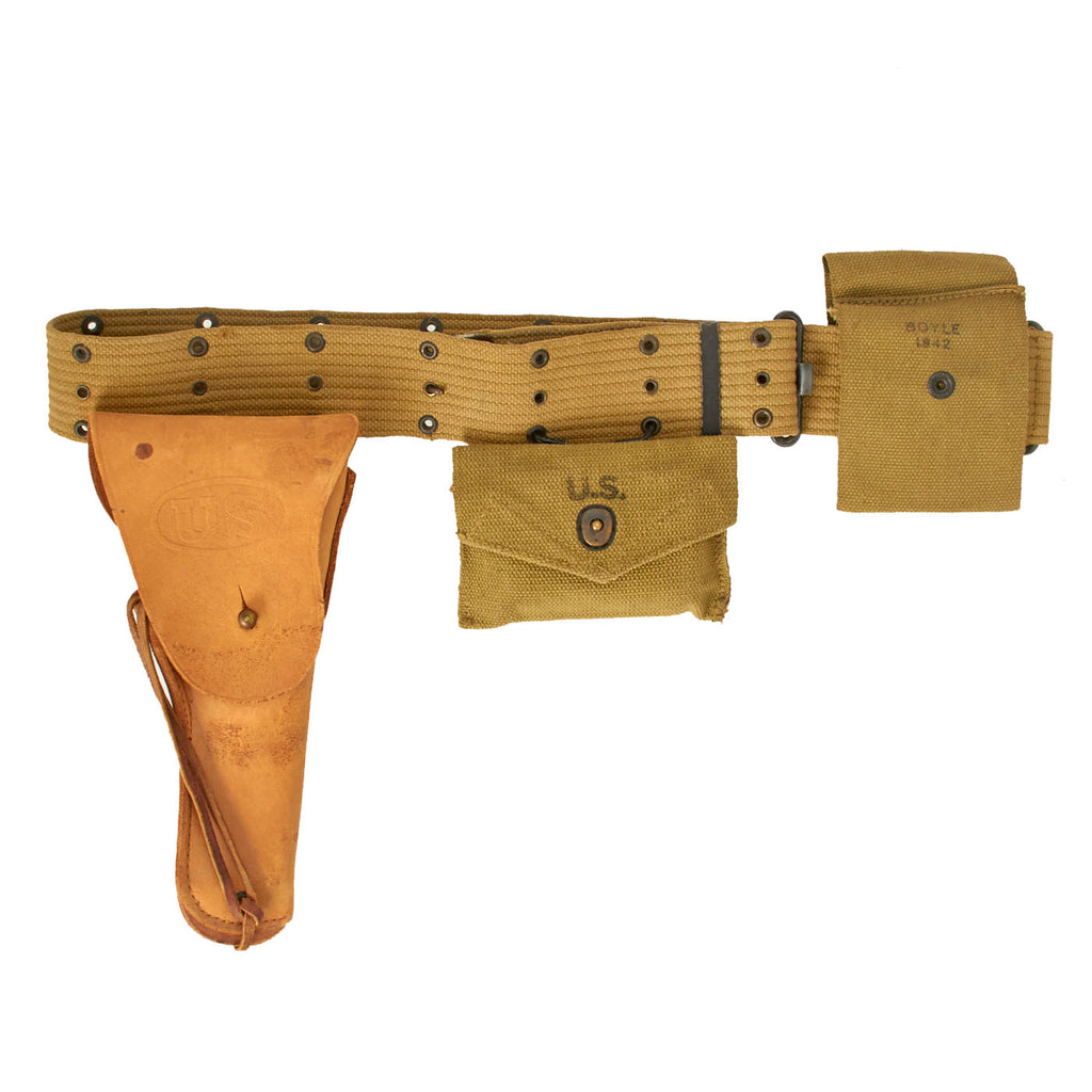 Original U.S. WWII Officer M1936 Pistol Belt, M1911 Holster, Magazine Pouch and Carlisle First Aid Pouch WITH Bandage Original Items