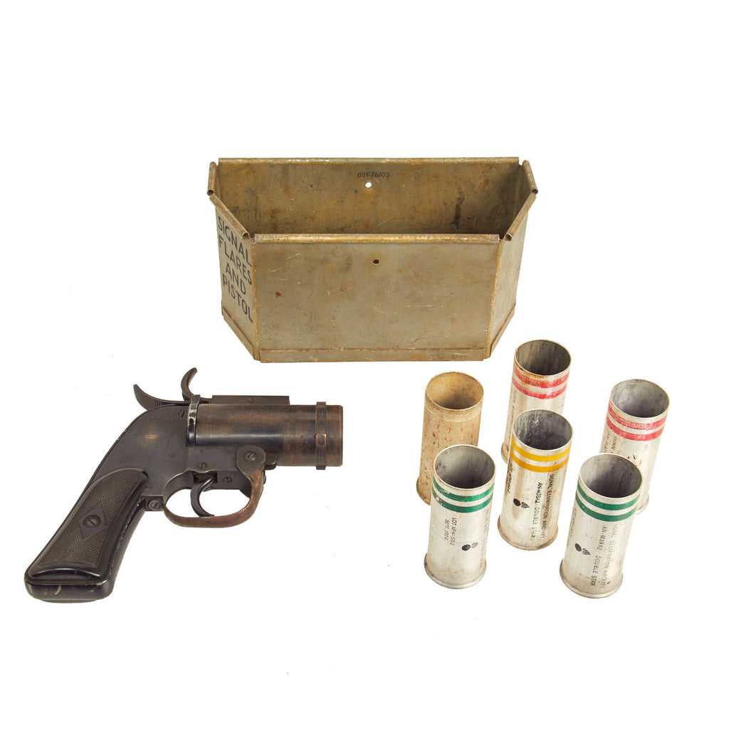 Original U.S. WWII M8 Pyrotechnic 37mm Flare Signal Pistol by Eureka Vacuum With Flare Casings  & WWII Aircraft Stowage Compartment Original Items