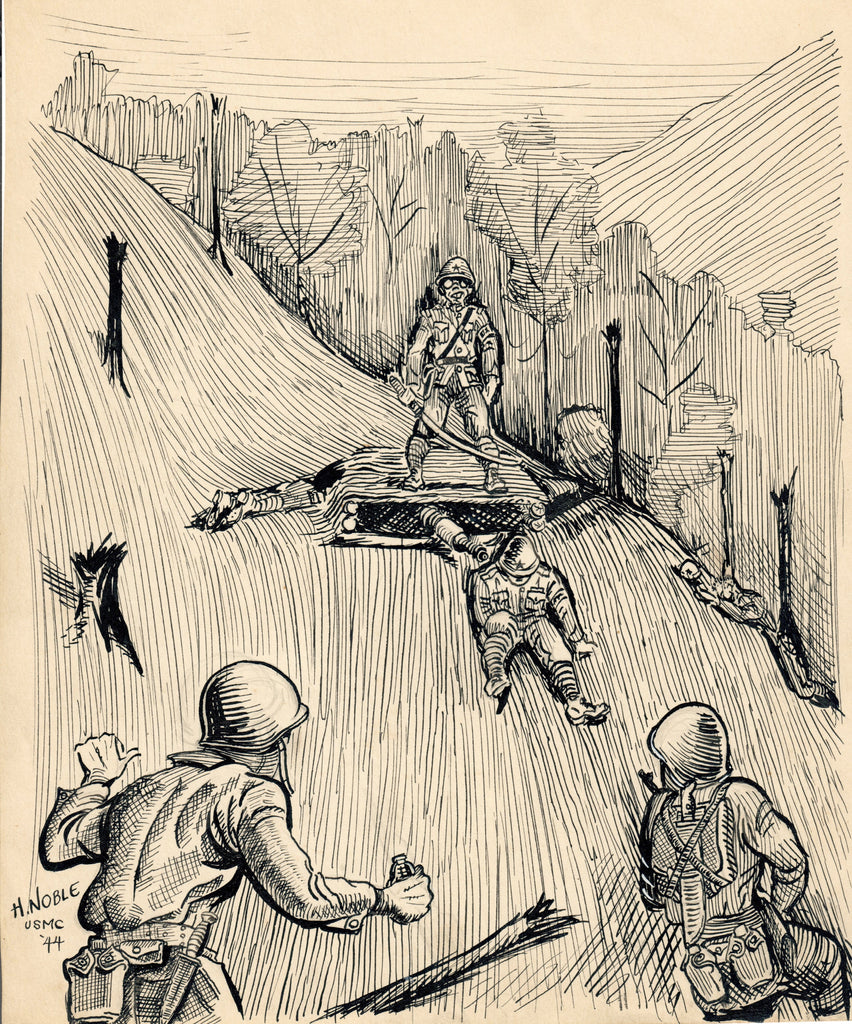 DRAFT USMC War Art-"Charging Jap MG Nest" signed H.Noble '44 Original Items