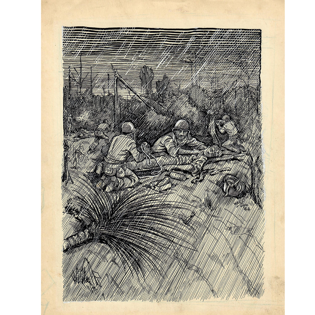 Original U.S. WWII USMC Hand Drawn Art Signed Ward 1944 - Corpsman Rendering Aid To Wounded Marine