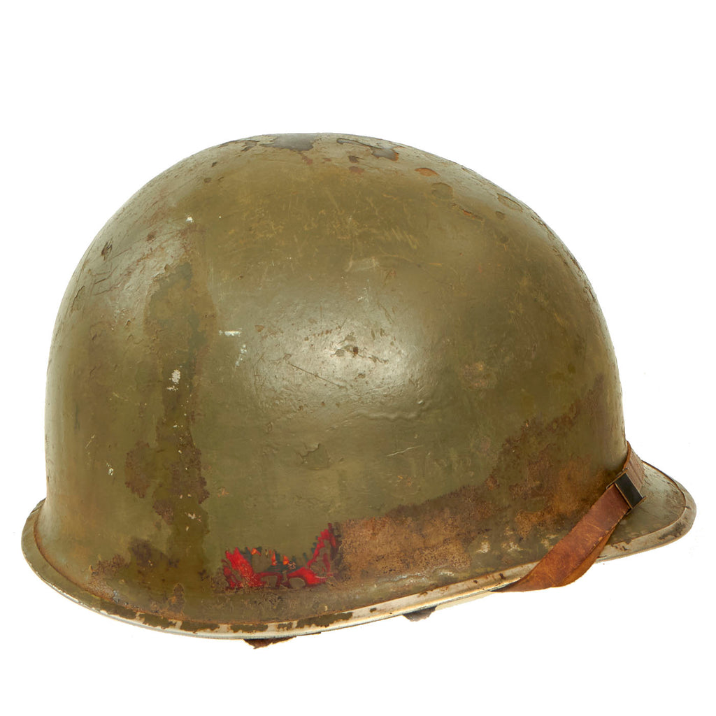 Original WWII U.S. Late War Produced M-1C Paratrooper Helmet With 82nd Airborne Markings and Korean War MSA Jump Liner and Chin Cup - Complete Original Items
