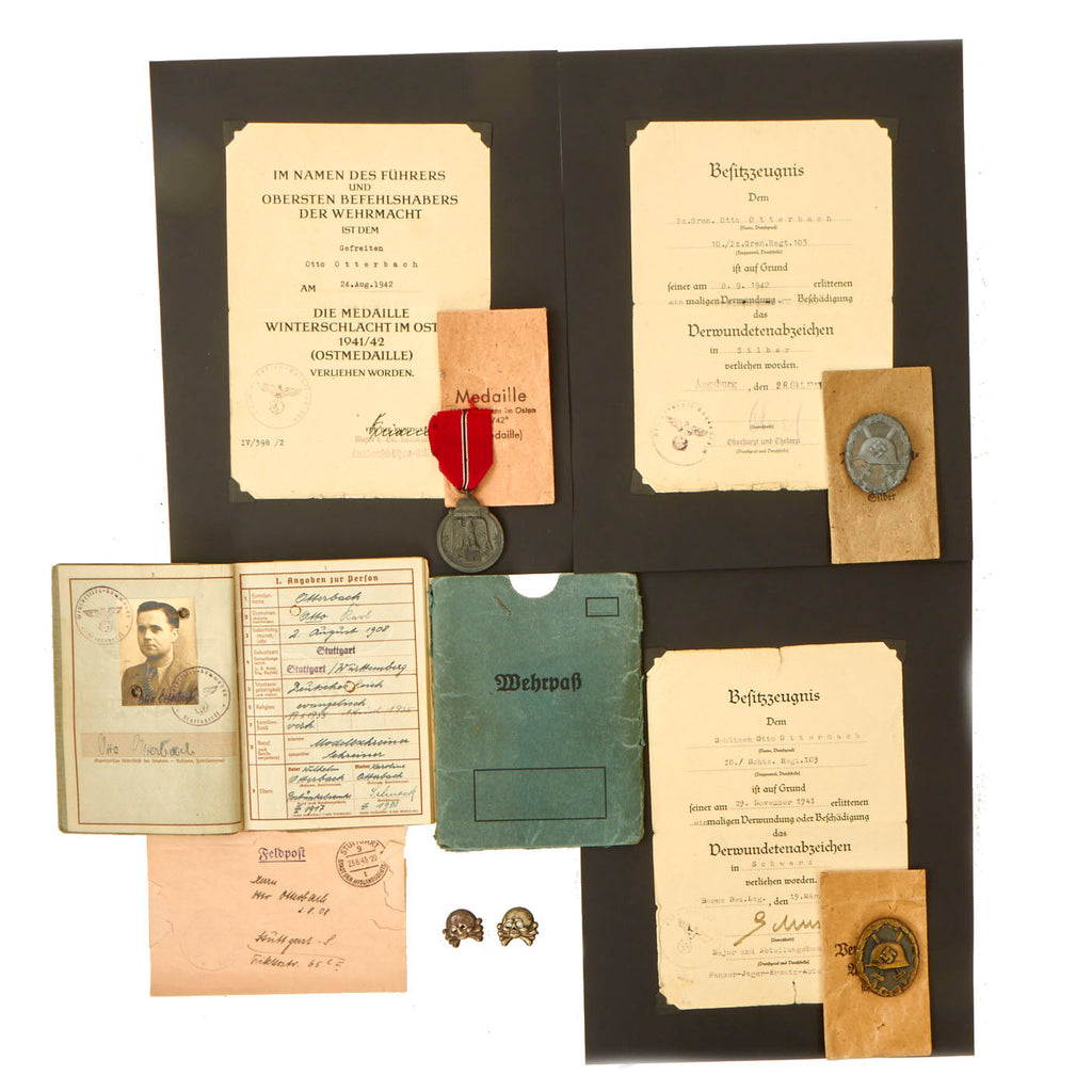 Original German WWII Set of 3 Awards with Documents named to Otto Otterbach of Panzergrenadier Regt. 103 Original Items