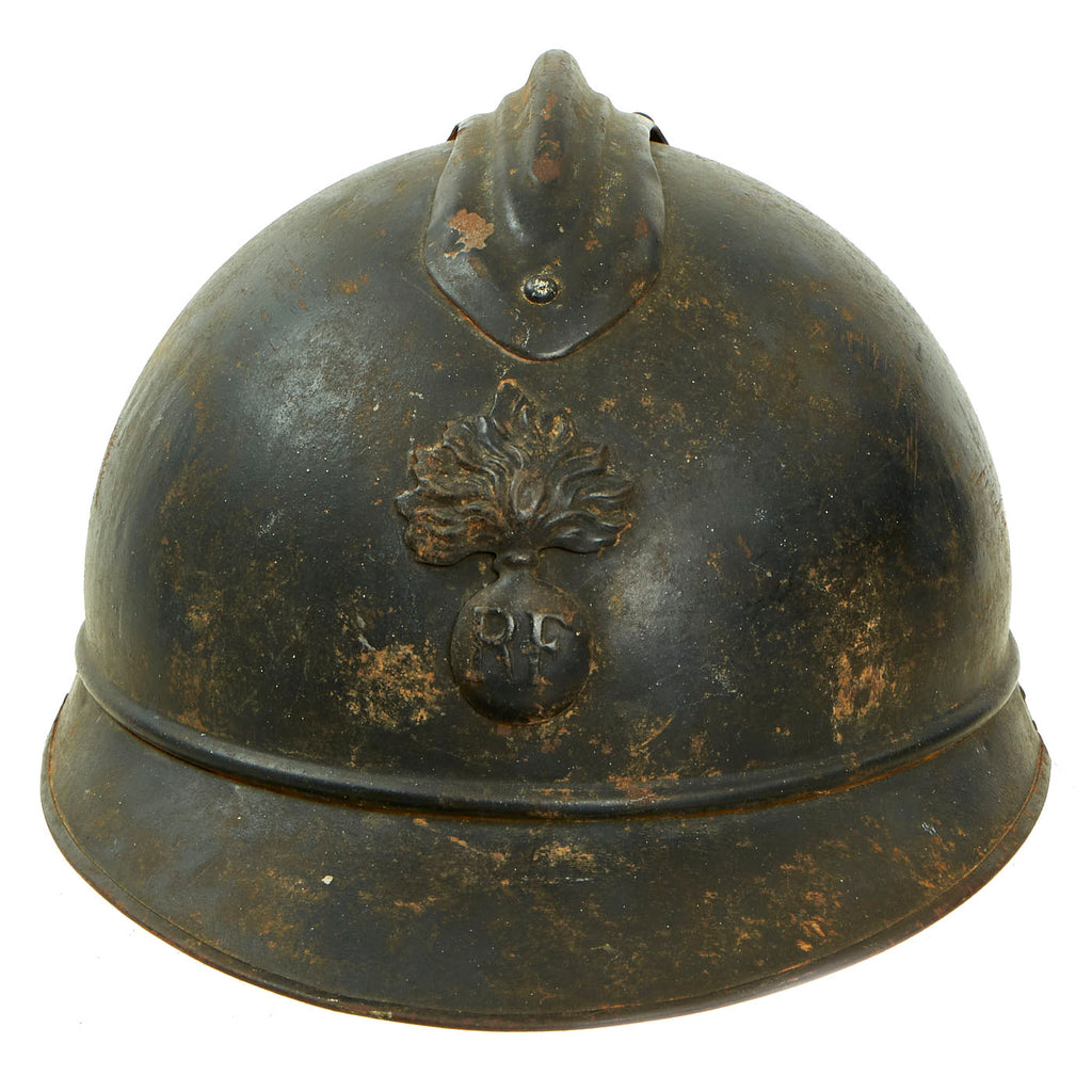 Original French WWI Issue Model 1915 Adrian Helmet in Horizon Blue with RF Badge and Early First Pattern Liner Original Items