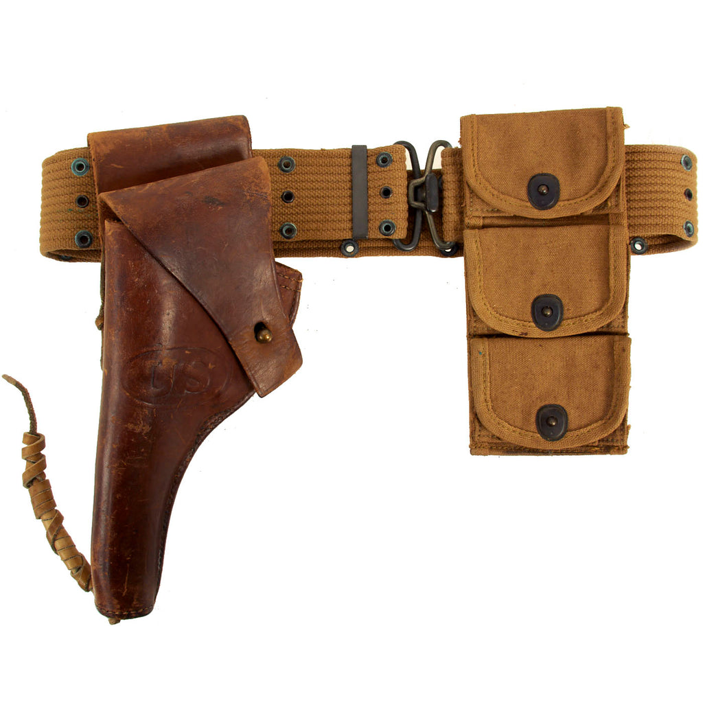 Original U.S. WWI M1917 Holster for 1911 .45 Revolver with M-1910 Pistol Belt, & WWI Half Moon Clip .45 Cal 3 Pocket Pouch - Dated 1918 Original Items