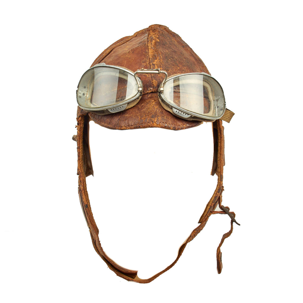 Original U.S. WWI Aero Squadron Leather Flying Helmet With French Flight Goggles - Marked For The 44th Aero Squadron Original Items