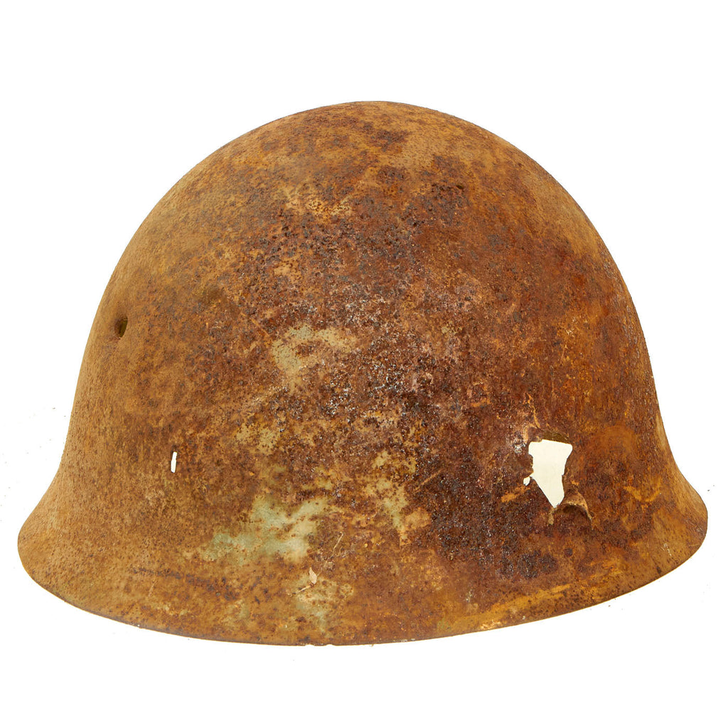 Original Japanese WWII Battle Damaged Ground Dug Type 90 Army Helmet Shell With Multiple Small Caliber Impact and Exit Holes Original Items