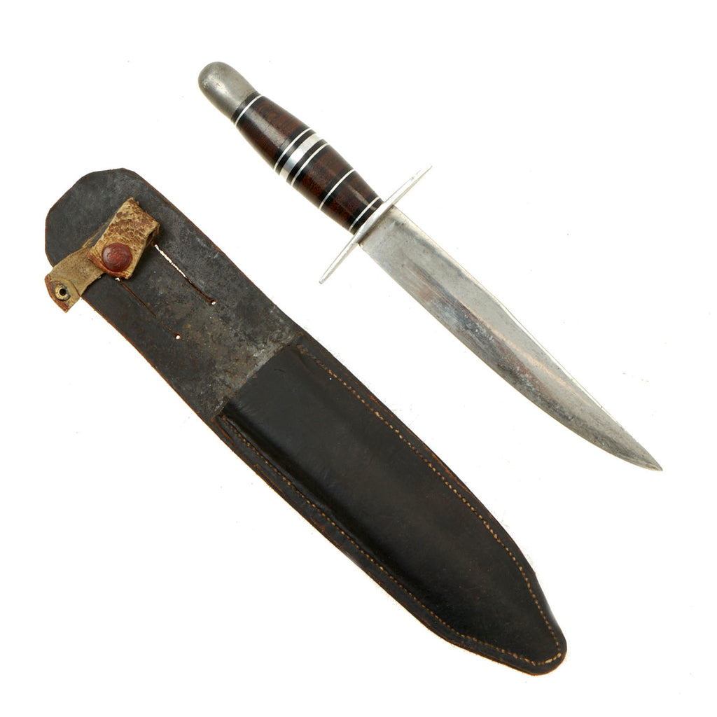 Original U.S. WWII Custom Fighting Knife with Micarta Handle in Leather Scabbard Original Items