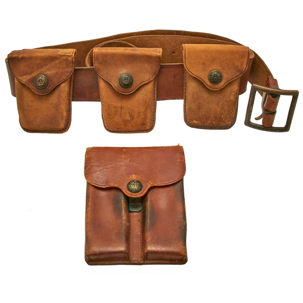 Original U.S. Pre WWI M1904 Garrison Belt with Eagle Snap Clip Pouches and Double 1911 Magazine Pouch Original Items