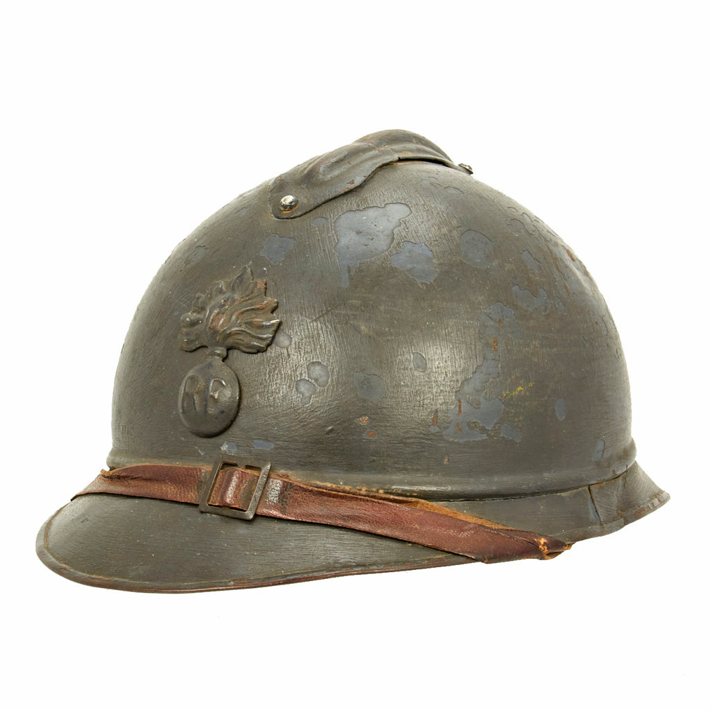 Original French WWI Model 1915 Adrian Helmet with RF Badge and 1st Model Liner - Horizon Blue Original Items
