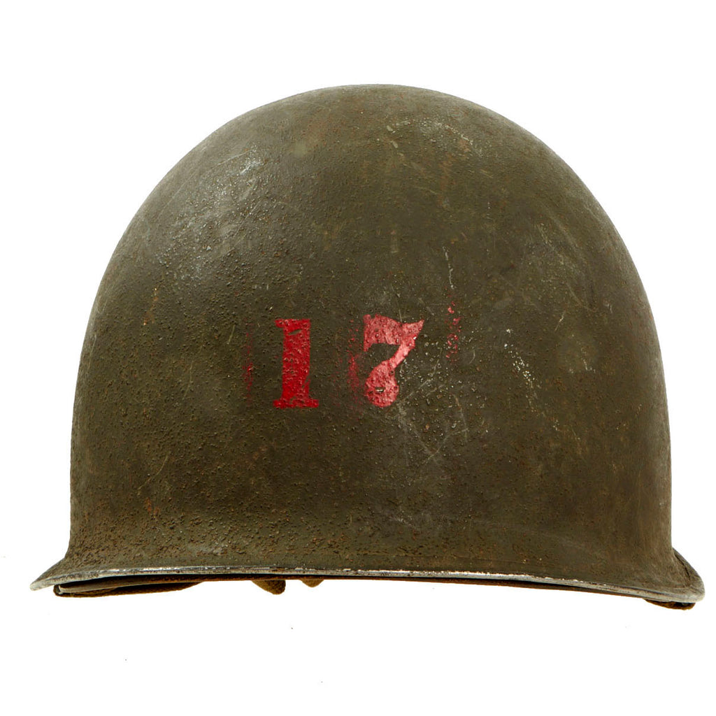 Original U.S. WWII Unit Marked 1943 M1 McCord Front Seam Fixed Bale Helmet With CAPAC Liner - First Sergeant, 17th Armored Engineer Battalion Original Items