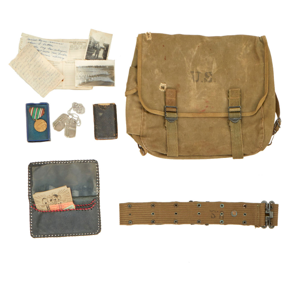 Original U.S. WWII Battle Damaged Musette Bag and Personal Effects of PFC Francis A. Lamontagne - 569th Anti-Aircraft Artillery Battalion Original Items