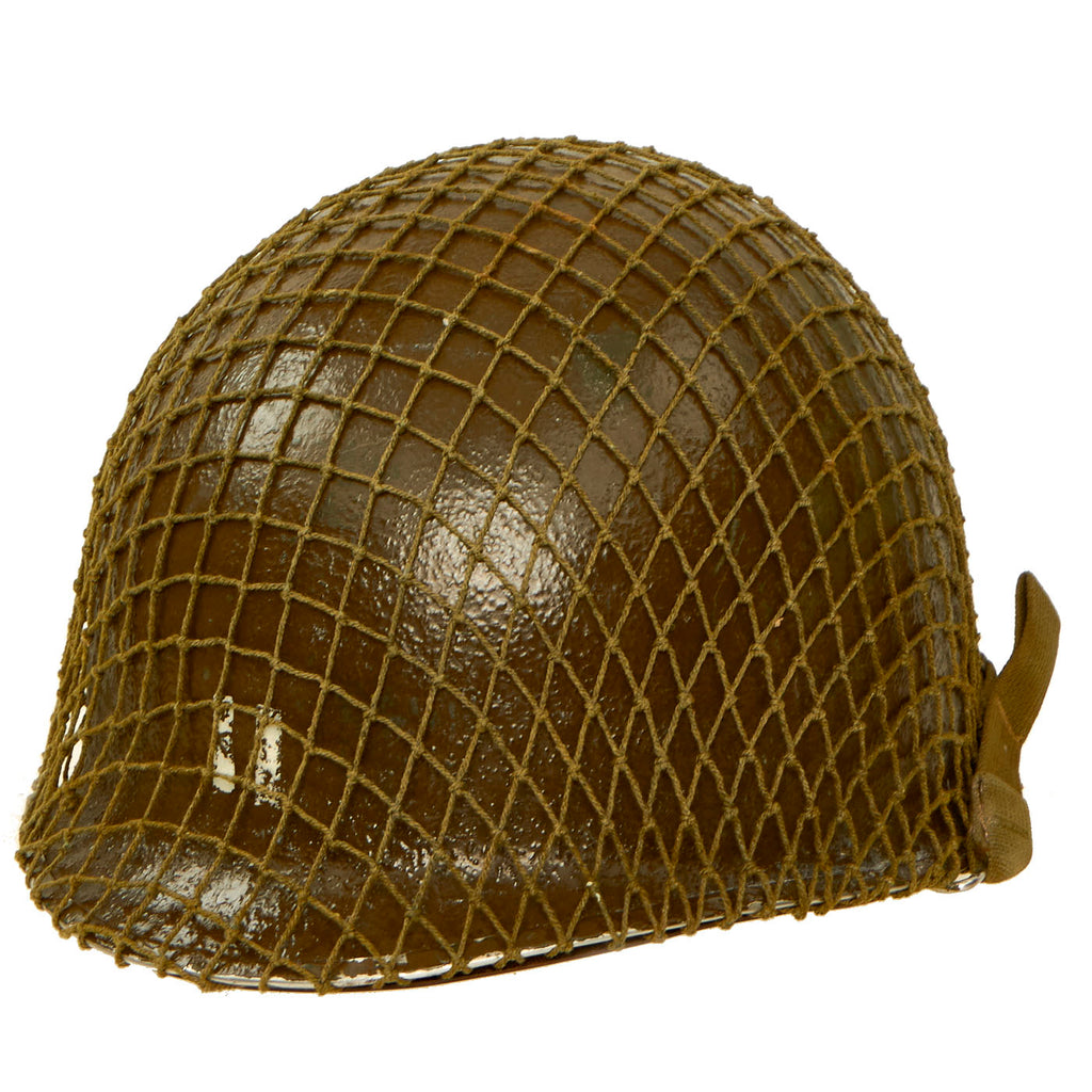 Original U.S. WWII M1 McCord Front Seam, Swivel Bale Helmet with Period Markings, Net and Firestone Liner Original Items