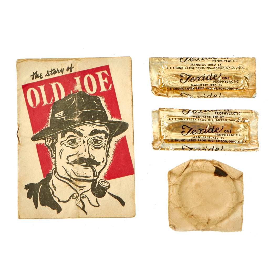 Original WWII U.S. Navy Issued Venereal Disease Pamphlet, “The Story of Old Joe”, and Three Issue Prophylactics Original Items