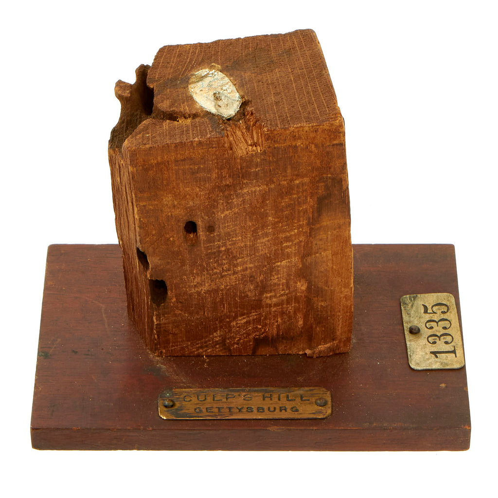 Original U.S. Civil War Battle of Gettysburg Culp’s Hill “War Log” Section With Bullet Embedded, Mounted on Early 20th Century Museum Tagged Base - 3 ½” x 4 ½” Original Items