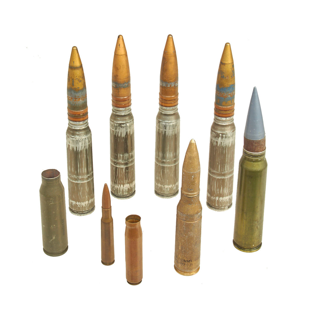 Original U.S. Vietnam War Era / Cold War Era Inert Aviation Ordnance 30mm Autocannon Dummy Round Lot With M79 76mm Shot - 10 Items Original Items