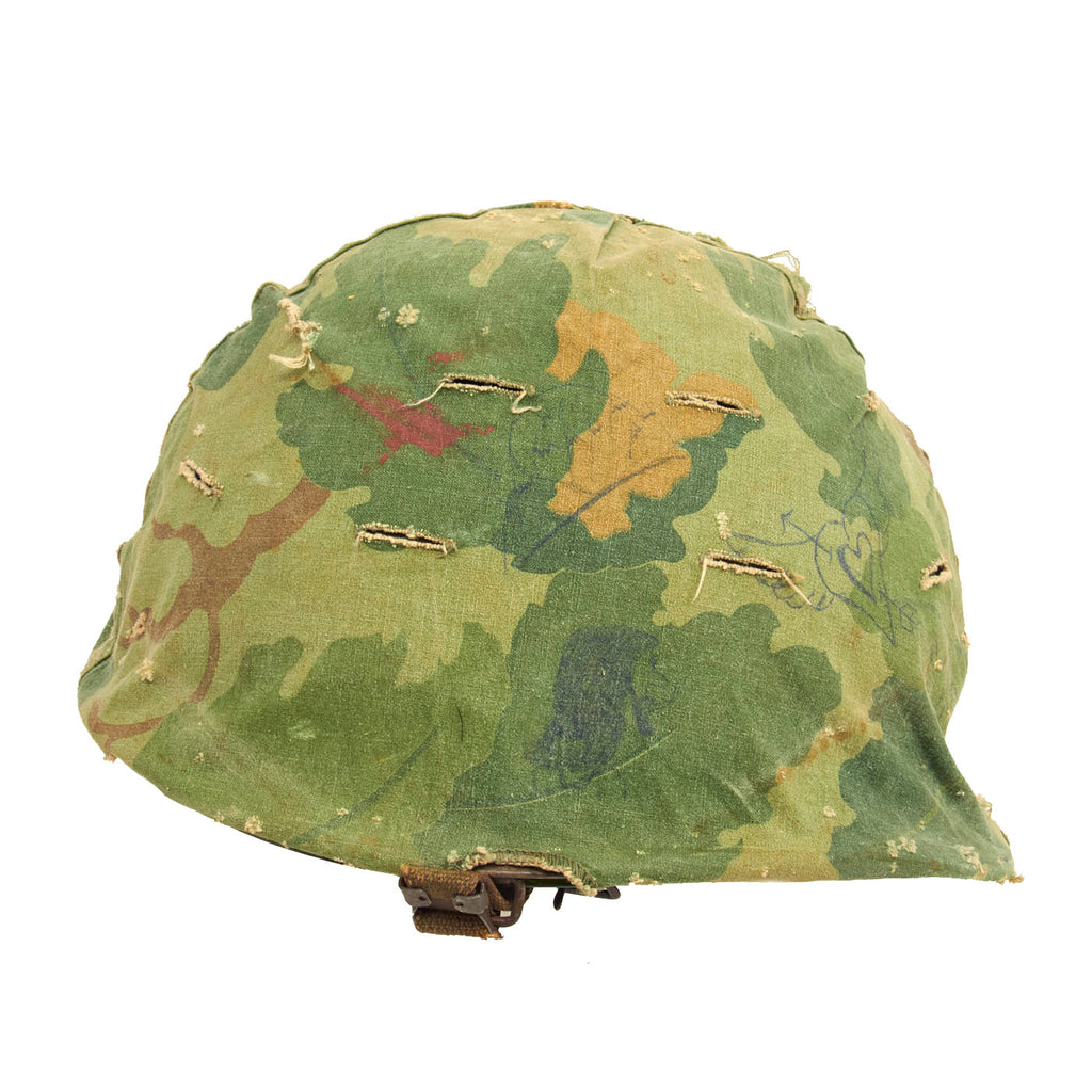 Original U.S. Vietnam War Airborne M1-C Paratrooper Helmet with Original Decorated Reversible Camouflage Cover Original Items
