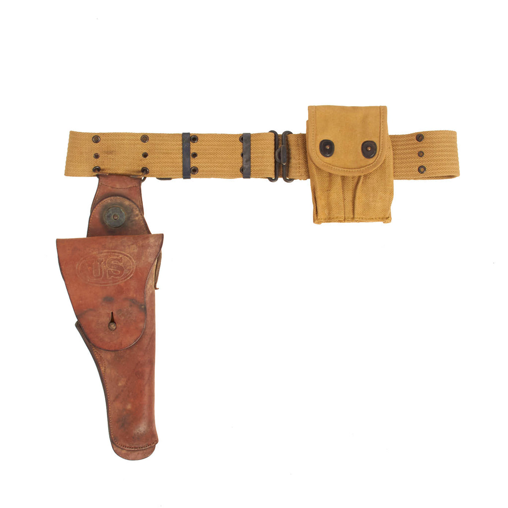 Original U.S. WWI M-1912 Mounted Swivel Holster for 1911 .45 Automatic with M-1910 Pistol Belt, & WWI Magazine Pouch Original Items