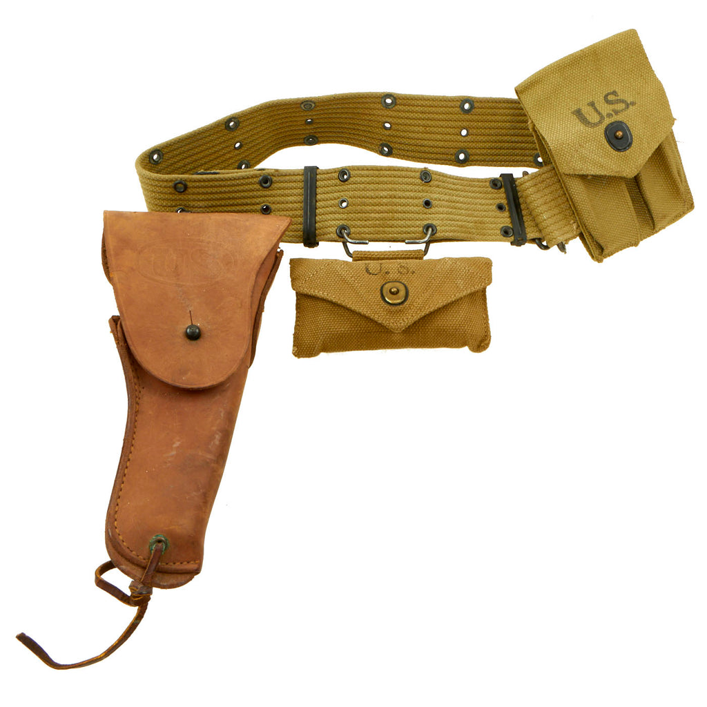 Original U.S. WWII Officer M1936 Pistol Belt, M1911 Holster, WWI Magazine Pouch & Carlisle First Aid Pouch WITH Bandage Original Items